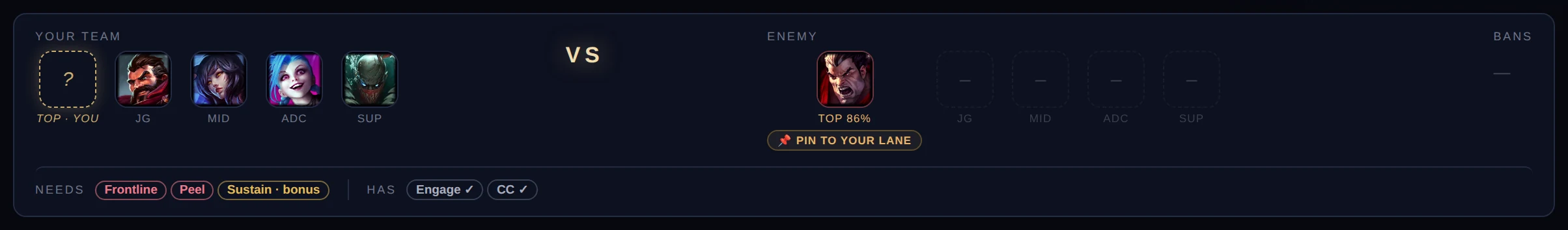 PocketPick draft strip: your allies, the revealed enemy laner pinned to your lane, what the team kit still needs and what it already has
